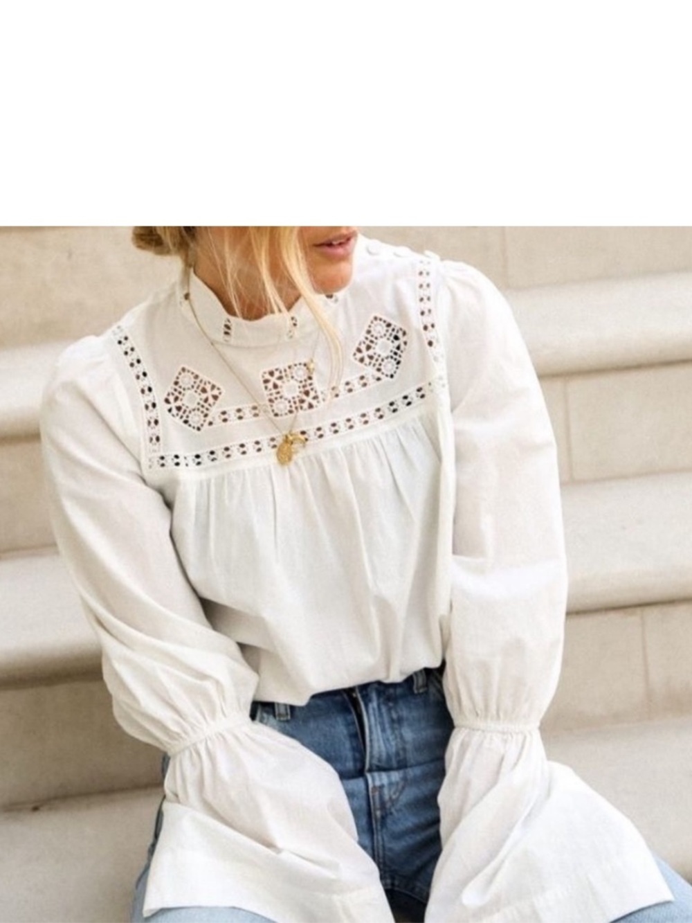 Free People White Cotton Blouse Size XS Bell Sleeves Crochet Eyelet Lace New NWT